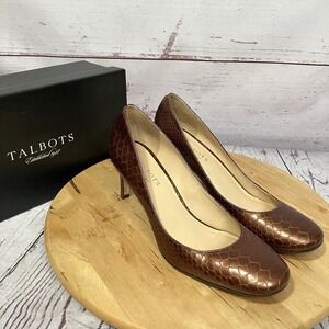 Talbots Carlee Embossed Leather Kitten Heel Pumps Brown Gingerbread 9.5